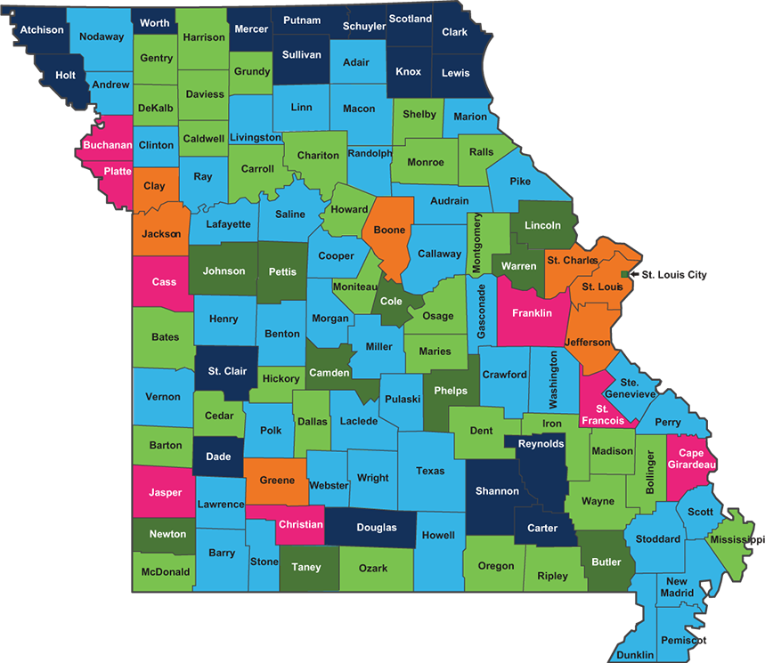 Missouri-Counties-map map of Misouri showing county borders