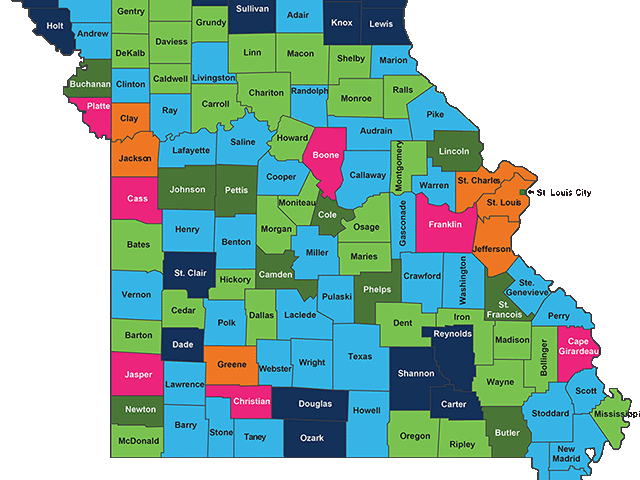 map of Missouri showing benefits paid to each county