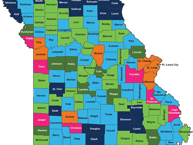 map of Missouri showing benefits paid to each county