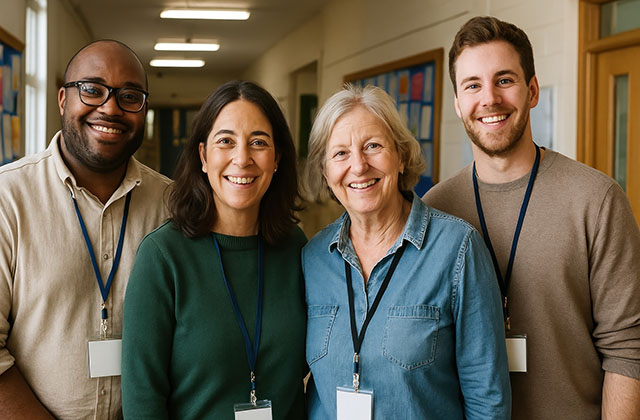 a diverse group of public school employees smiling for a group photo