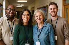 a diverse group of public school employees smiling for a group photo