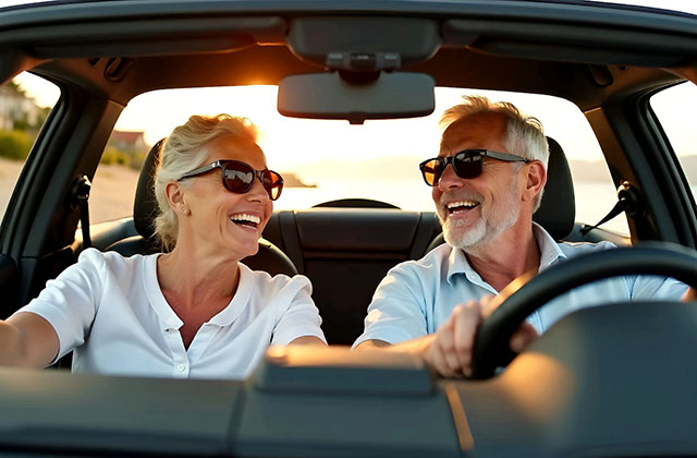 a retired couple smiling as they drive off into the sunset