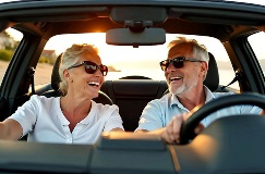 a retired couple smiling as they drive off into the sunset