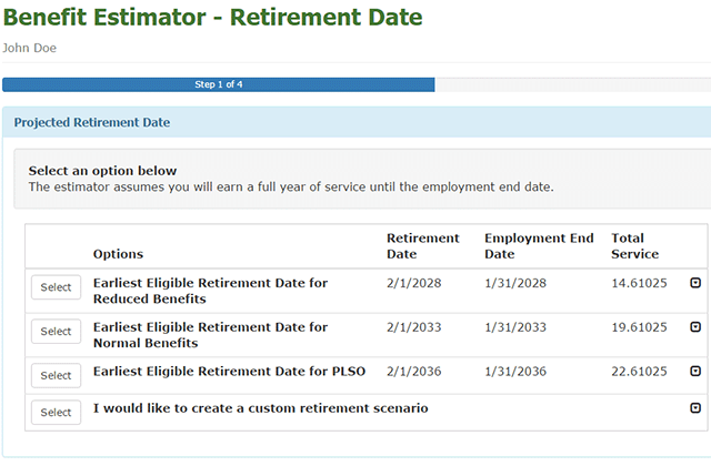 screenshot showing a sample benefit estimate