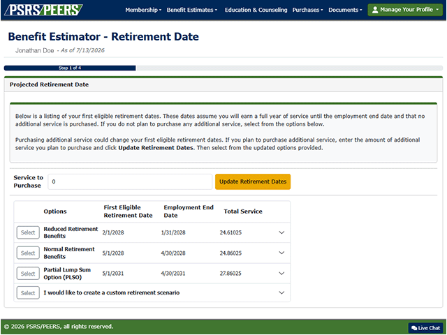 benefit estimator screen showing various options available to a retiree