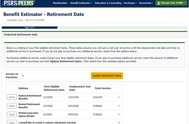benefit estimator screen showing various options available to a retiree