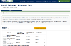benefit estimator screen showing various options available to a retiree