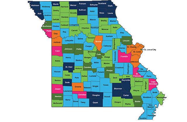 color-coded map of Missouri showing benefits paid out to each county
