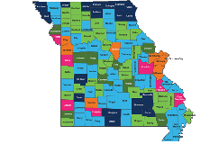 color-coded map of Missouri showing benefits paid out to each county