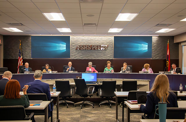 PSRS/PEERS Board of Trustees, Dearld Snider, executive director and Jennifer Martin, Director of Executive and Board Administration at the April 7 board meeting.