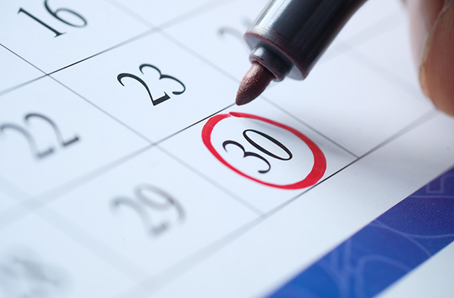 image of a calendar with the date of the 30th circled in red marker