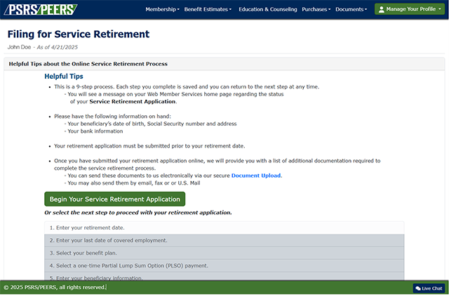screenshot showing the first step of filing for retirement with PSRS/PEERS online.