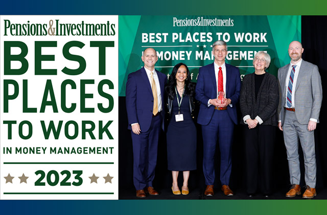 a photo showing Executive Director Dearld Snider, Chief Investment Officer Craig Husting, and Board Chairman Dr. Jason Steliga accepting the Pension & Investment magazine 2023 Best Places to Work in Money Management Awards