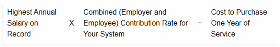 puchase cost calculation formula: highest annual salary on record x combined (employer and employee) contribution rate for your system = cost to purchase one year of service