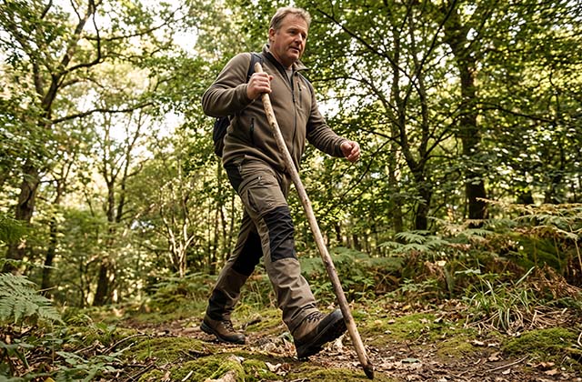 man hiking on a wooded trail