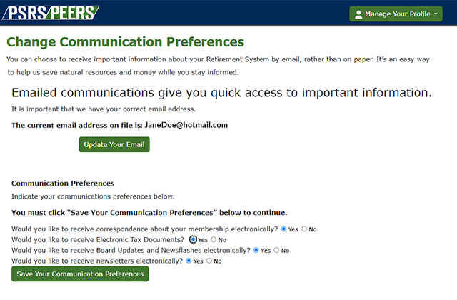 a screenshot from Web member Services showing the Communications preferences screen and the option to select "Electronic Tax Documents"